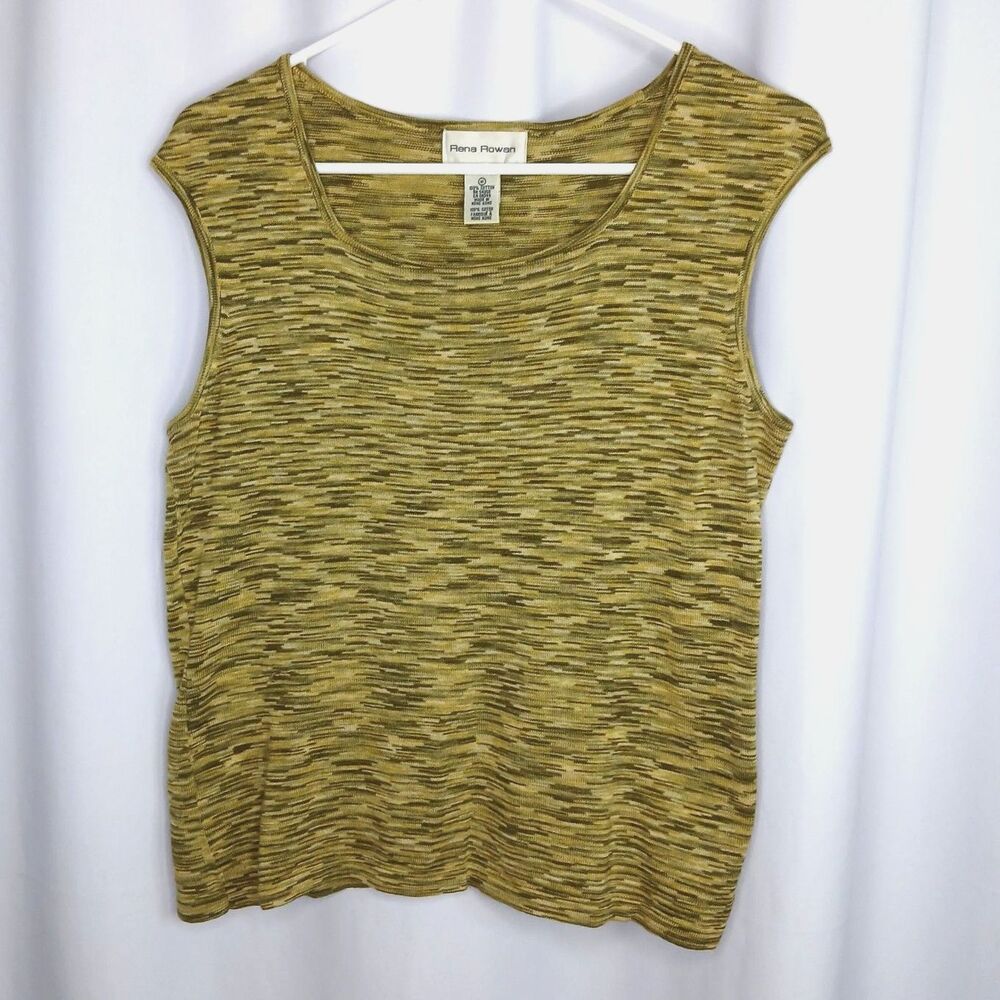Rena Rowan Sleeveless Lightweight Knit Top Cotton Green Yellow Tank Womens Med
